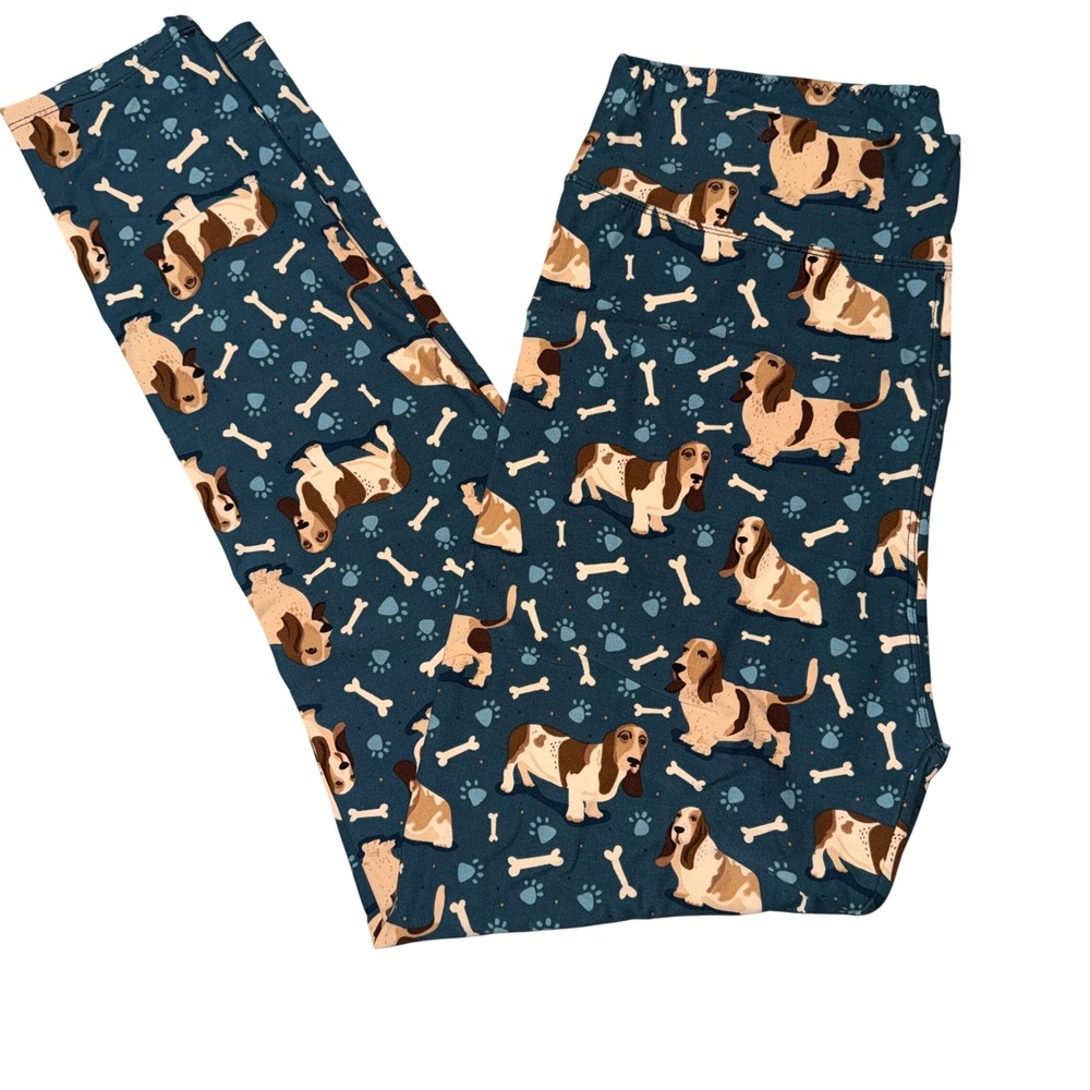 Ambrie‎ Basset Hound Dog Print Leggings Teal Blue Plus Size Soft Stretchy TC
